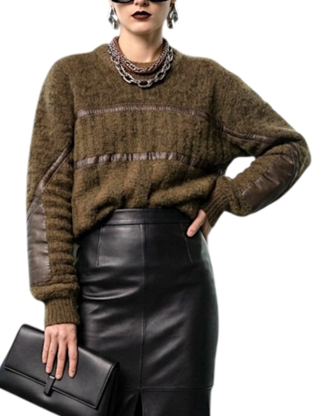 Vintage 90s fuzzy brown wool mohair leather grandpa pullover sweater 52